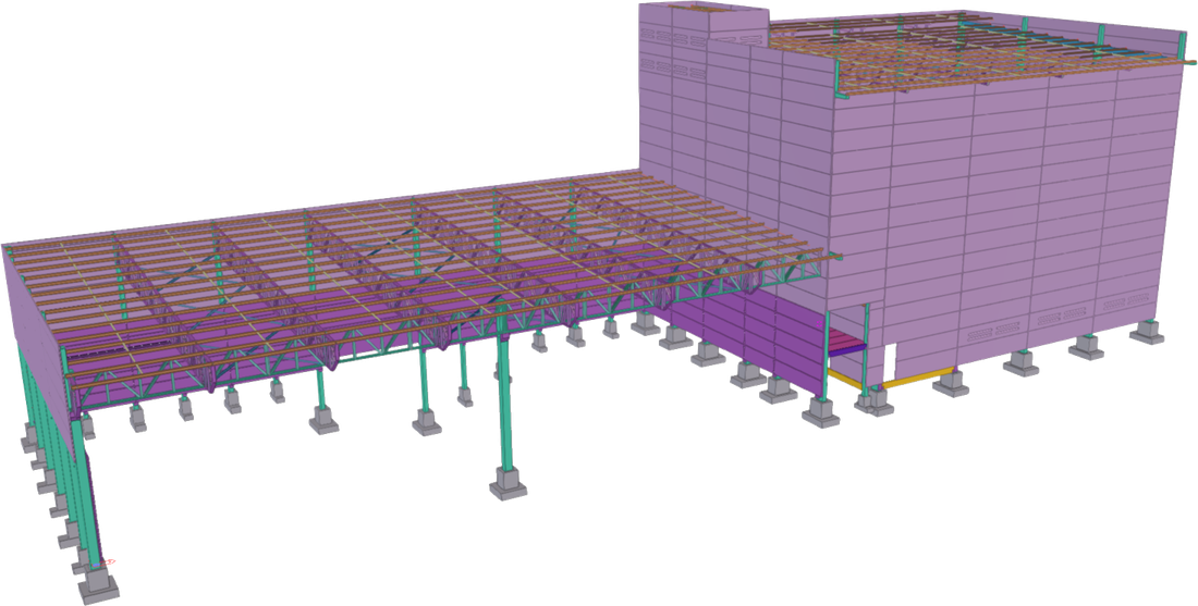 Modelo 3D de depósito de cavaco e casa de caldeira desenvolvido em Tekla Structures